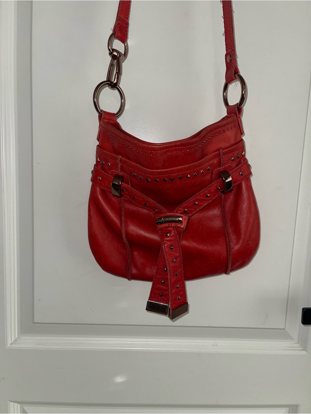 Makowsky Red Leather Studded Shoulder Bag Hobo Purse Leopard Lining Y2K